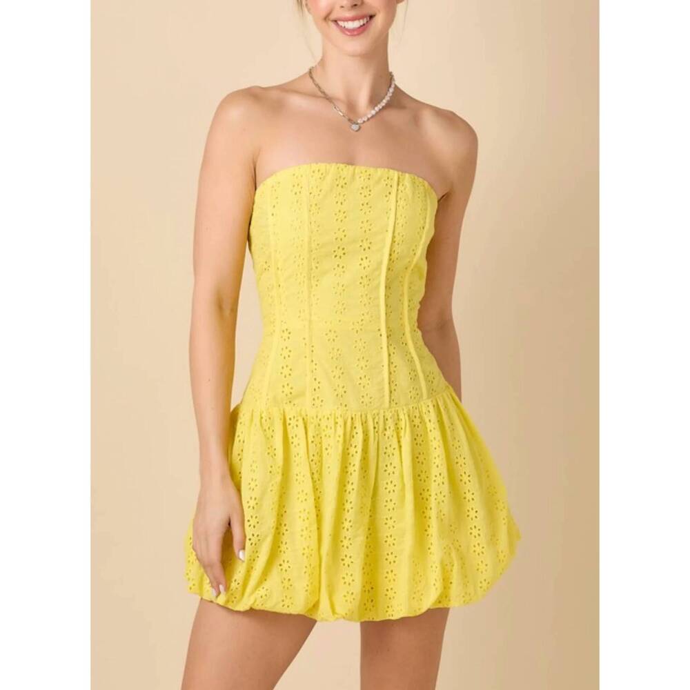 NEW BABY PINK embroidery tube mini dress in yellow